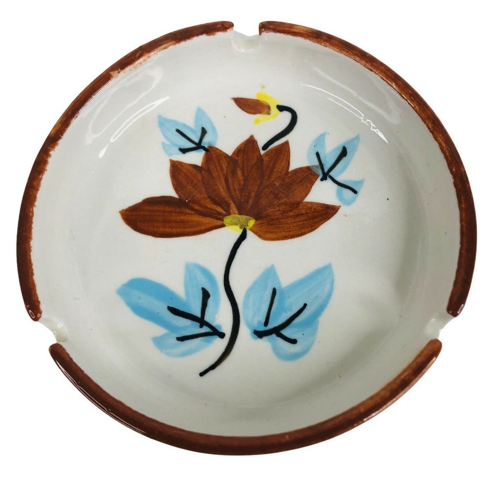 Vintage Round Ceramic Ashtray Flowers Blue Brown 4‎ 7/8" Cigarette Stoneware